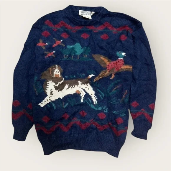 Vintage Charter Club 100% Wool navy crewneck knit sweater with duck and dog - Picture 2 of 2